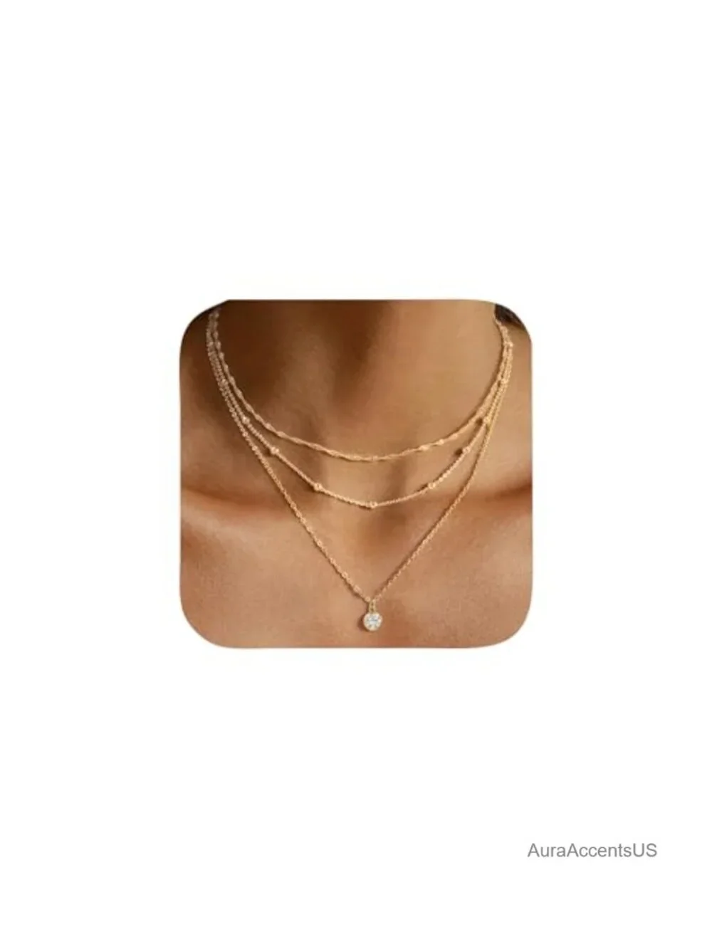 14K Gold Plated 3 Piece Layered Pendant Necklaces for Women Dainty Stackable